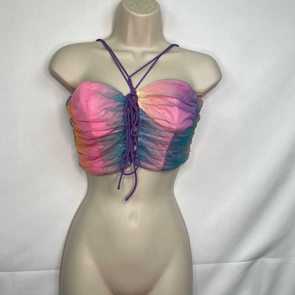 Blush Rainbow Rhinestone mesh corset too size small NWT